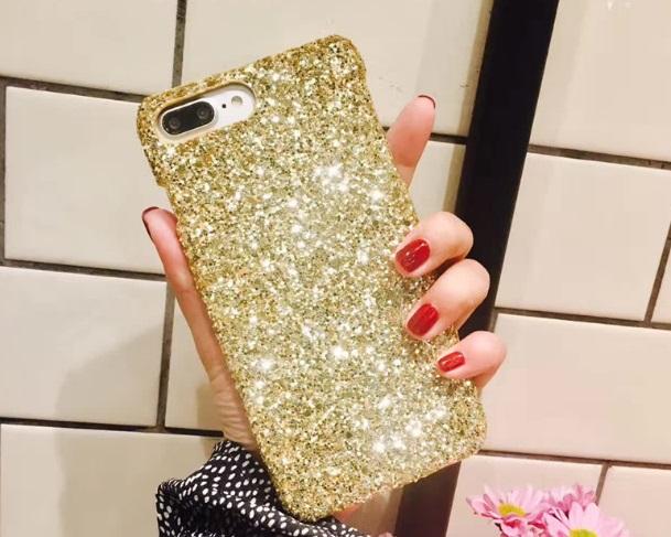 Ốp đính kim tuyến thật iPhone 5 5s 5SE 6 6s 6 Plus 7 8 7 Plus 8 Plus X màu vàng case iPhone lấp lánh ( Nhựa cứng )