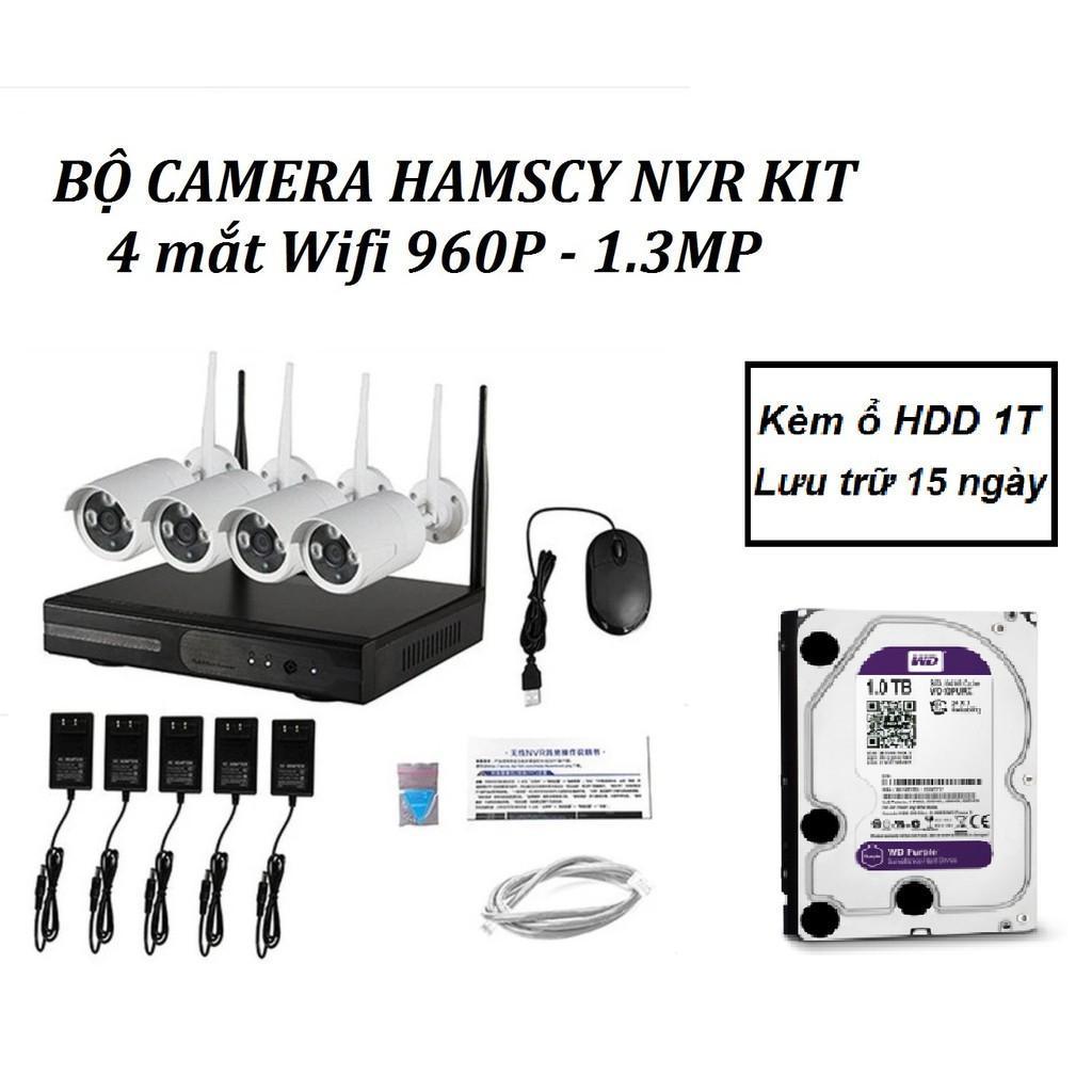 Bộ 4 mắt camera wifi chống nước 1.3m 960p + đầu ghi nvr và ổ cứng 1t