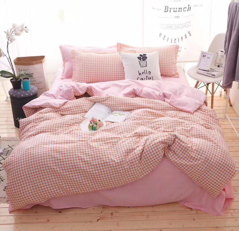 BỘ CHĂN GA GỐI COTTON ĐŨI NHẬP CARO CAM NHỎ.