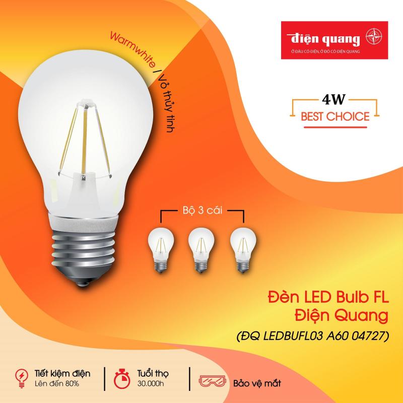 Bộ 3 đèn LED Bulb FL ĐQ LEDBUFL03 A60 (4w, Warmwhite, Vỏ Thủy Tinh)