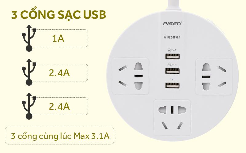 Ổ cắm điện đa năng Pisen Wide USB Multifunction (3USB, 3AC) BY-33 chông cháy nổ _ Tranganhcomputer