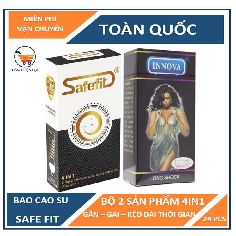 Bộ 2 hộp bao cao su Gân Gai kéo dài Innova đen và Safefit 4in1 - mỗi hộp 12 chiếc