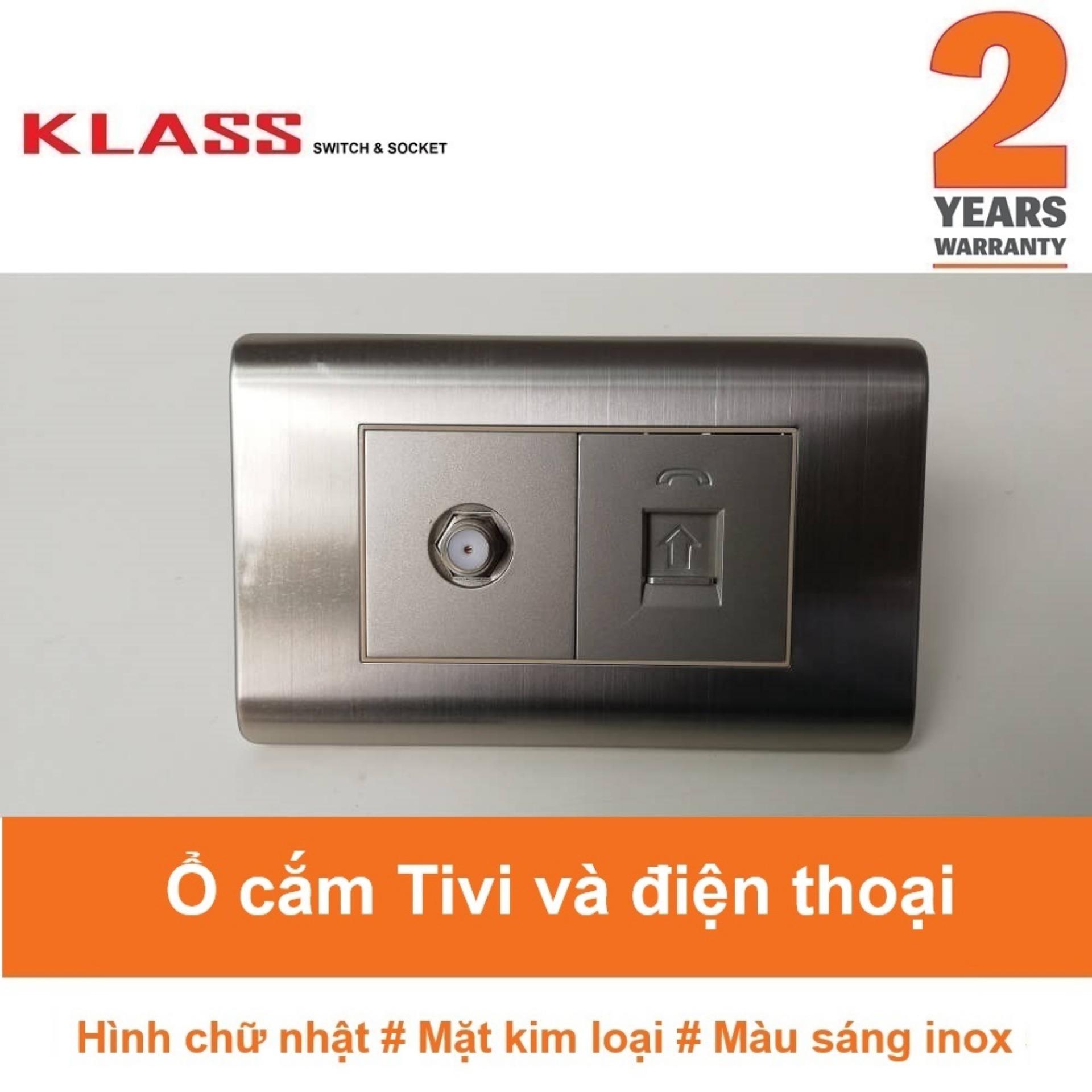 Ổ cắm tv + ổ cắm điện thoại hình chữ nhật màu bạc sáng inox klass 118kq3-036