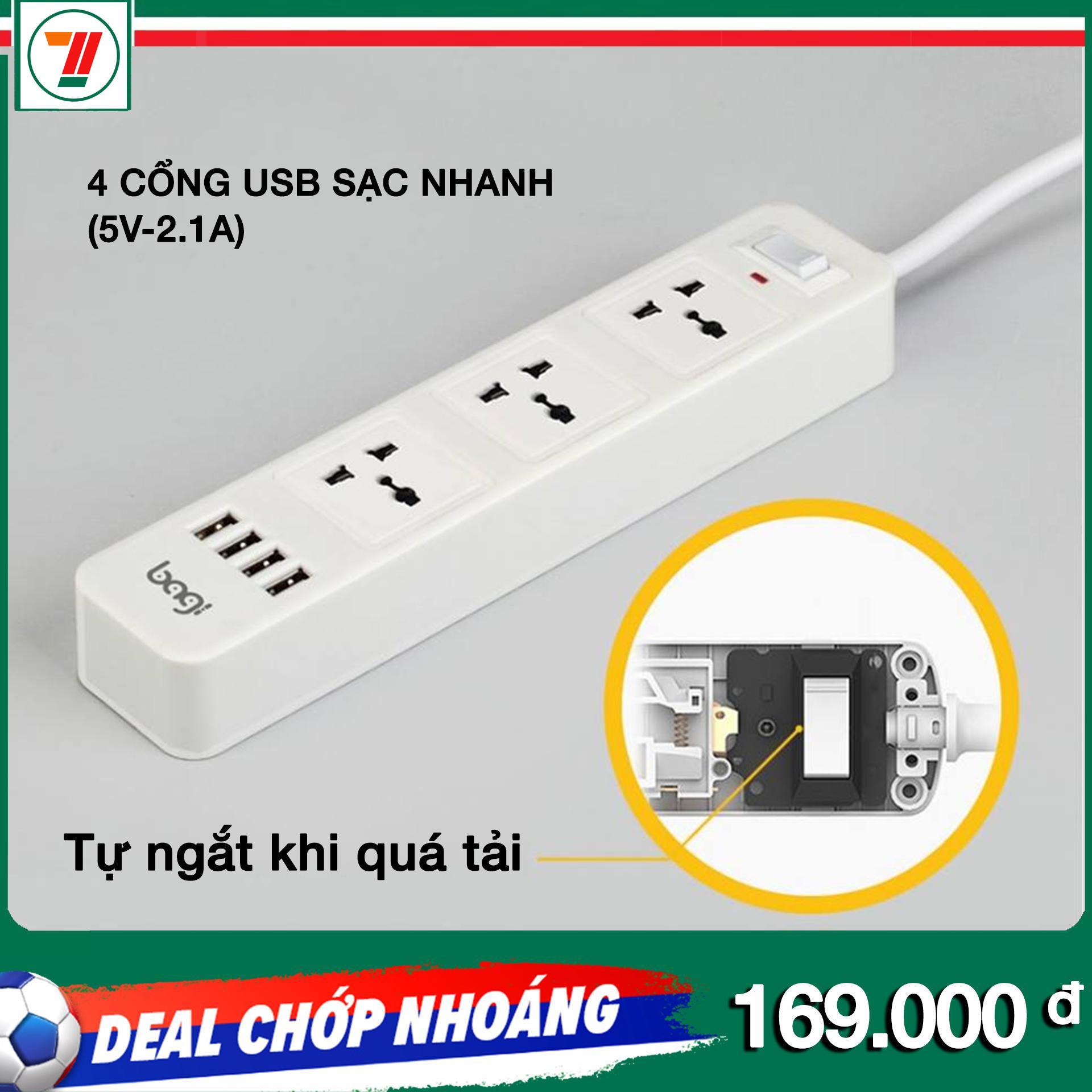 Ổ cắm đa điện năng 4 cổng USB 3 ổ điện thương hiệu Bagi thông minh tự ngắt khi quá tải, an toàn, tiện lợi