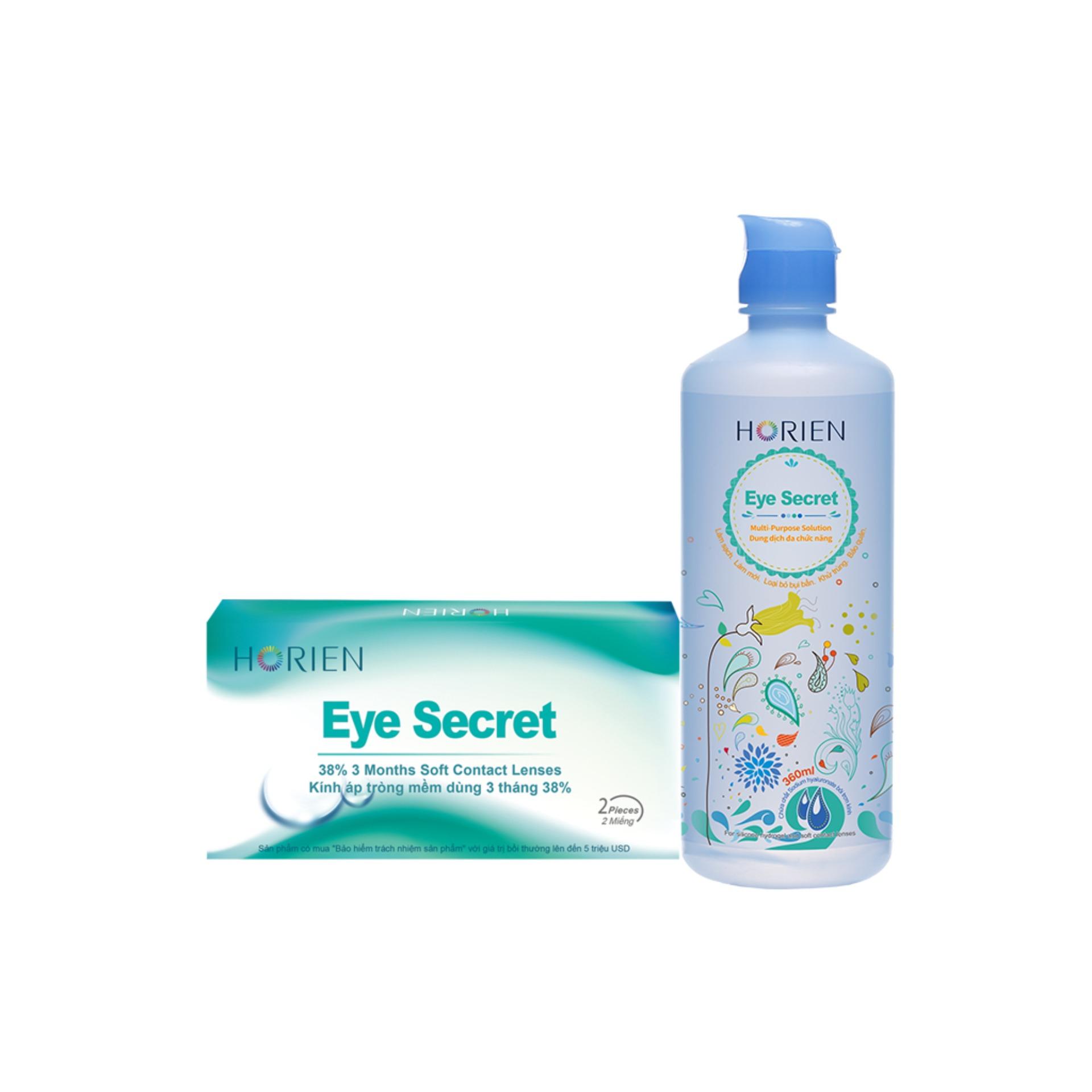 Bộ Kính Áp Tròng Không Màu Dùng 3 Tháng Và Dung dịch ngâm kính 360ml Eye Secret
