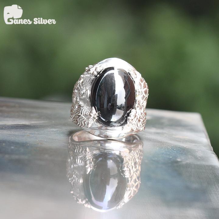 Nhẫn nam long ly quy phụng đá đen chất liệu bạc ta cao cấp - ganes silver
