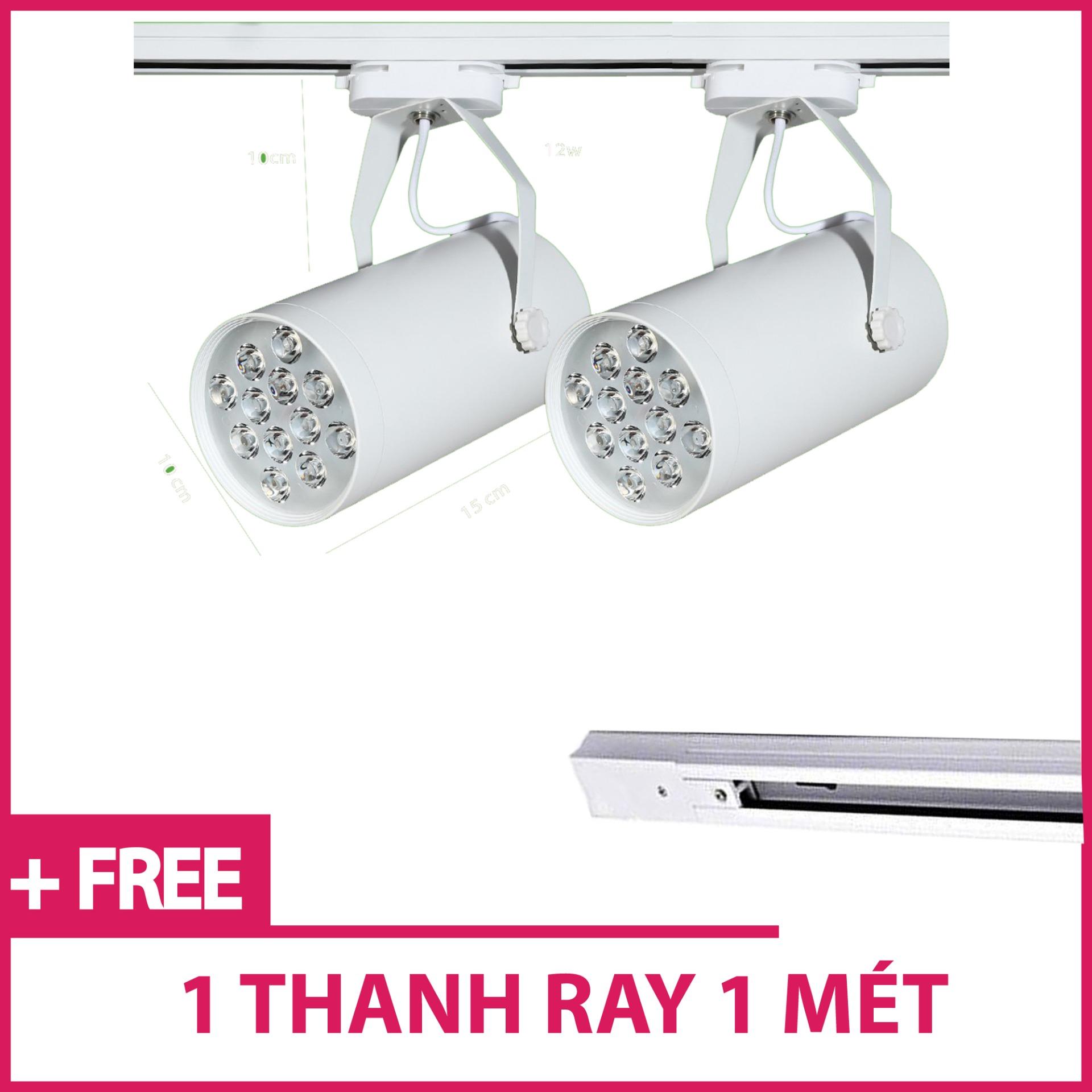 Bộ 2 đèn led rọi thanh ray 12w vỏ trắng ánh sáng trắng/vàng và 1 thanh ray 1 mét