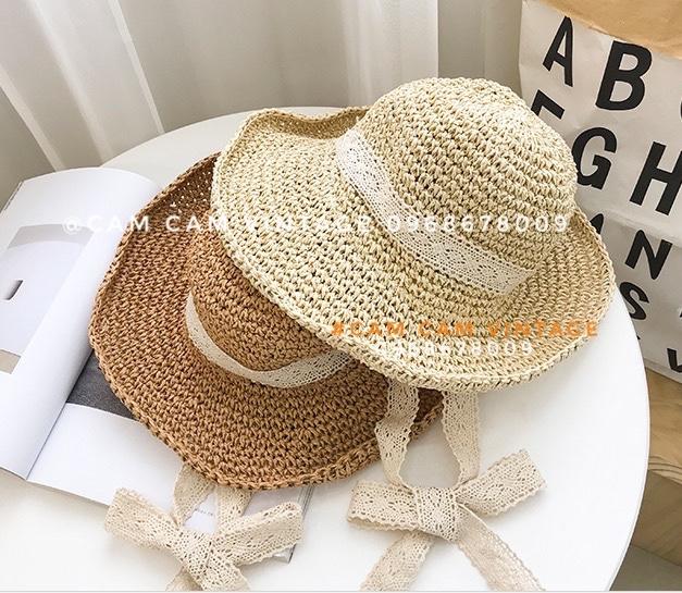 Mũ cói mềm vintage tiêu thư quai nơ ren đi biển sang chảnh