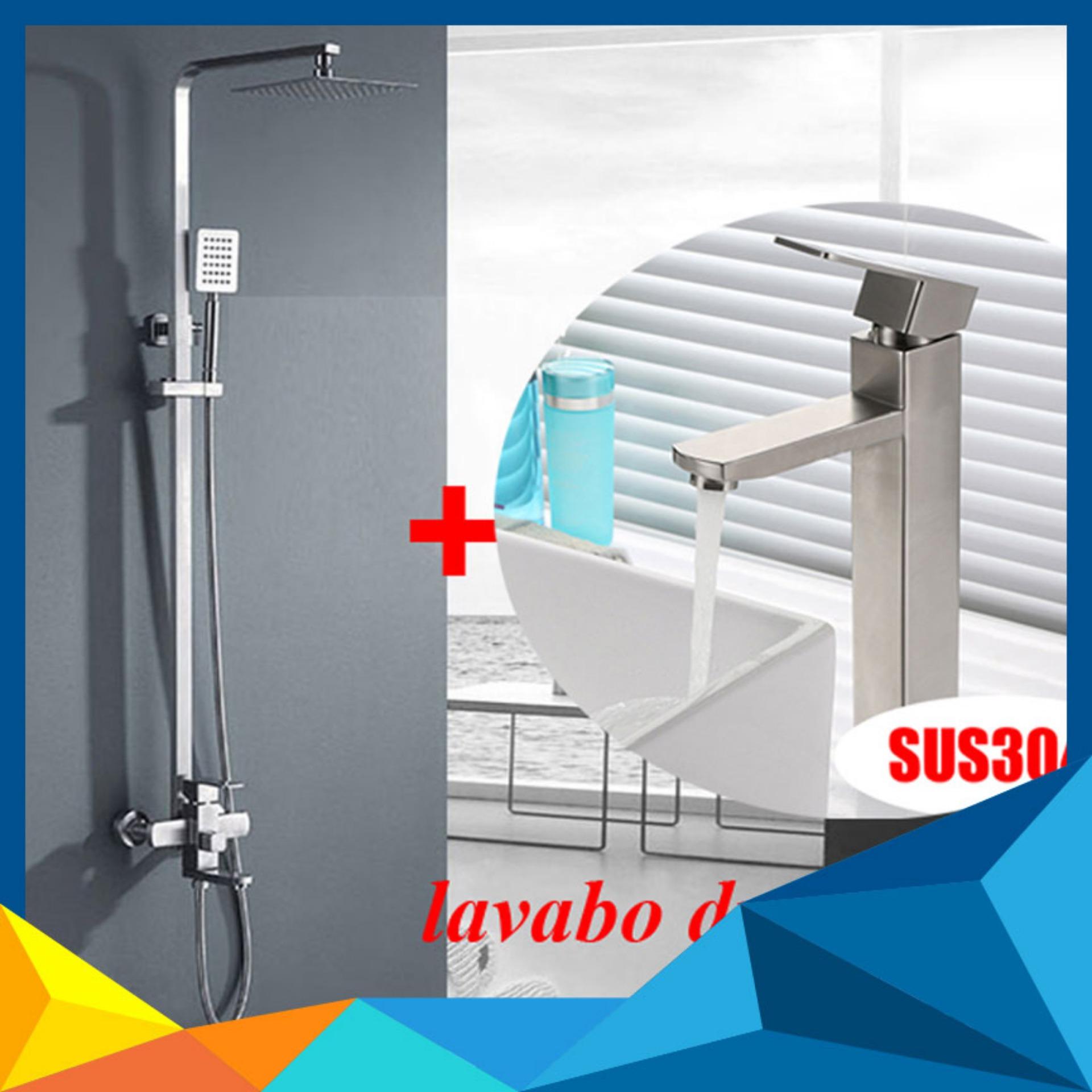 Bộ sen cây tắm nóng lạnh inox sus304 vuông 3001 + lavabo 5014