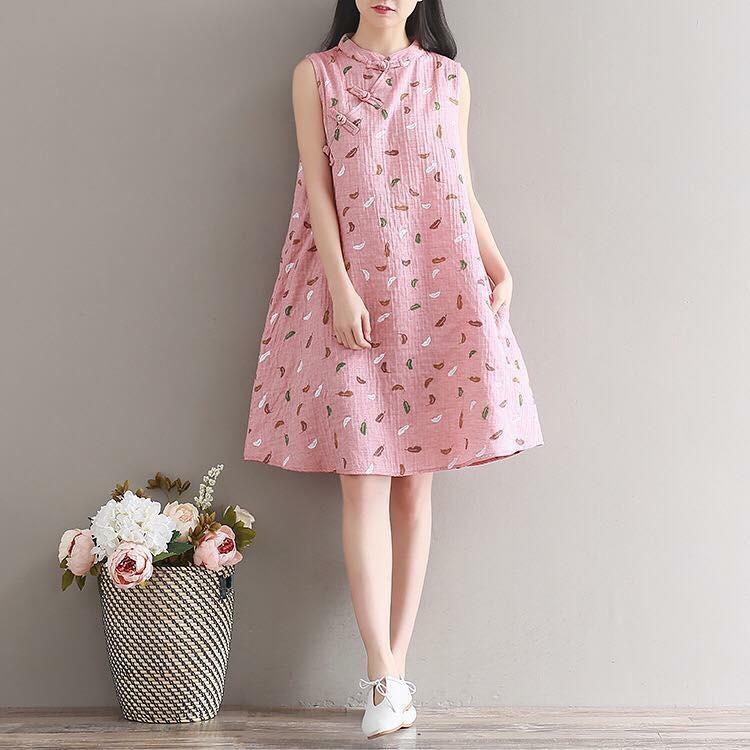 Đầm bầu công sở cổ tàu in lá