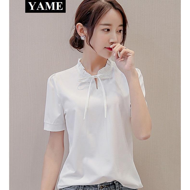 Áo sơ mi ngắn tay thắt nơ siêu hot yame hot3569w màu trắng