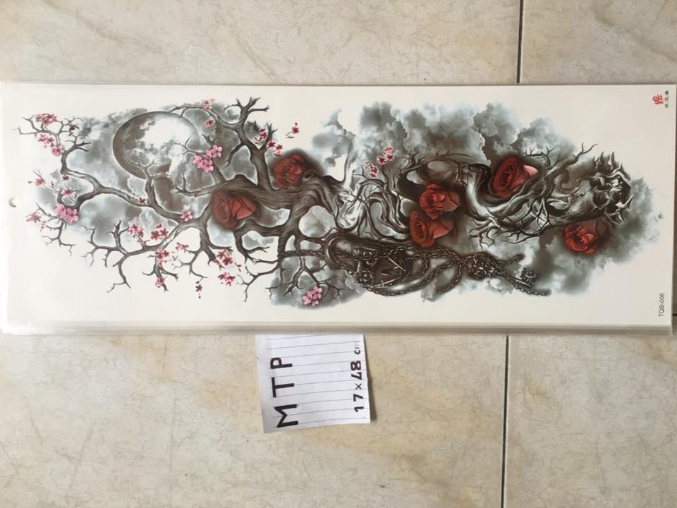 Hình xăm dán tattoo kín tay cành cây hoa đào hoa hồng 17x18cm