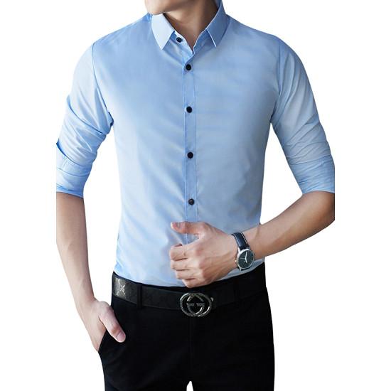 Sơ mi nam chống nhăn, Áo sơ mi nam chất lụa đẹp vải mịn (Xanh Da Trời Nhạt)