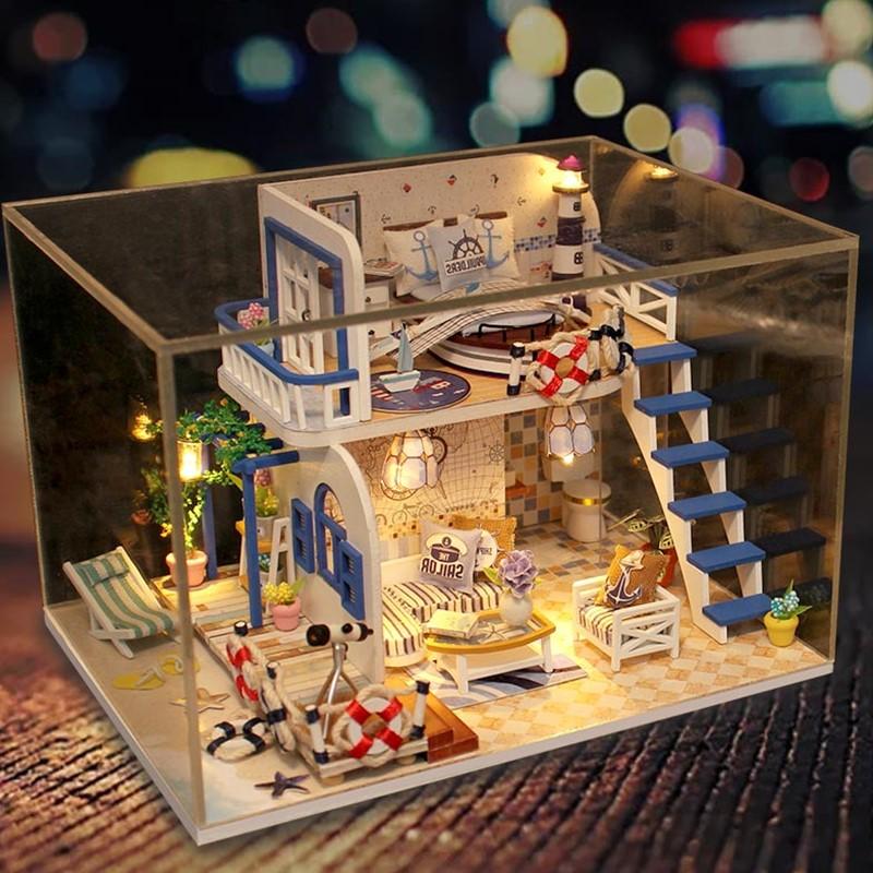 Mô hình nhà DIY Doll House Blue Coast Kèm Mica Chống bụi, Bộ dụng cụ và Keo dán
