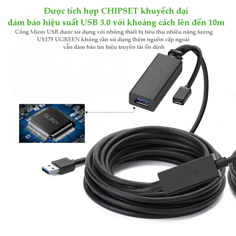 Dây USB 3.0 nối dài active dài 5-10m UGREEN US175 Dây USB 3.0 nối dài active dài 5-10m UGREEN US175