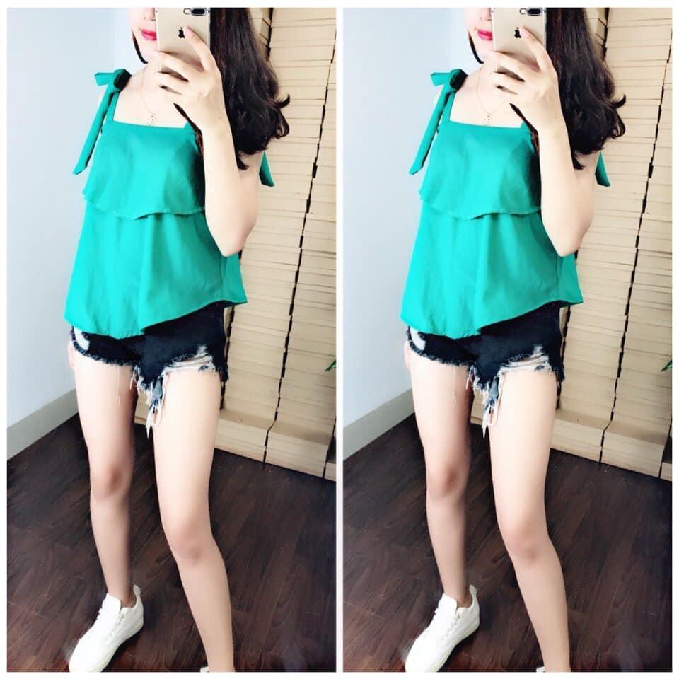 Áo voan nơ cột vai hai tầng