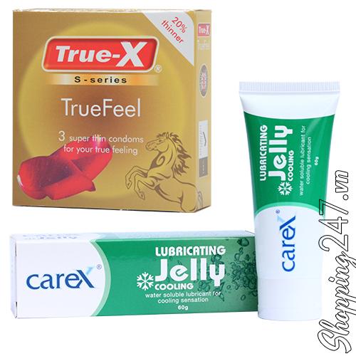 Bộ 1 hộp bao cao su cực siêu mỏng TrueFeel và 1 gel bôi trơn CareX Warming 60g