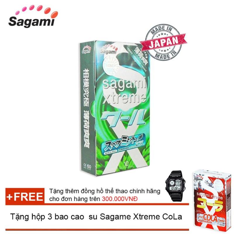 Hộp 10 bao cao su hương bạc hà SAGAMI Spearmint ( 10 bao ) + Tặng hộp 3 bao cao su Sagami Xtreme COLA ( Đơn hàng Bao Cao Su trên 300k tặng thêm 1 đồng hồ thể thao như quảng cáo ) nhập khẩu