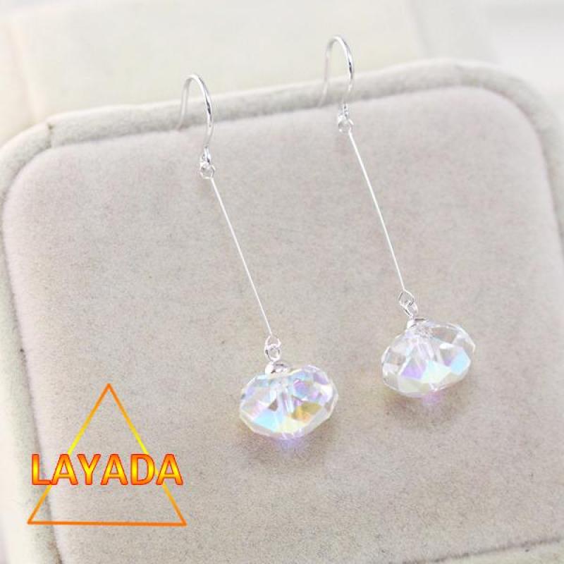 Bông tai bạc pha lê swarovki dáng dài hạt tròn dẹp B69095 - LAYADA