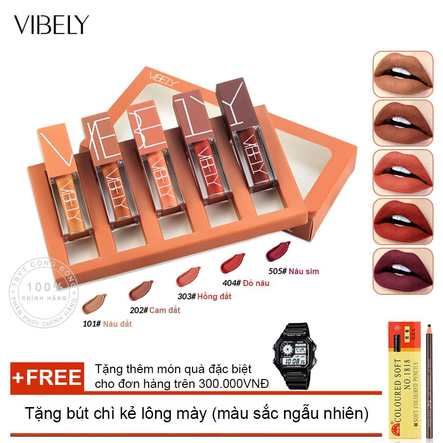 Hộp 05 Thỏi Son Kem Siêu Lì Vibely Lasting Moisture Cao Cấp + Tặng bút chì kẻ lông mày