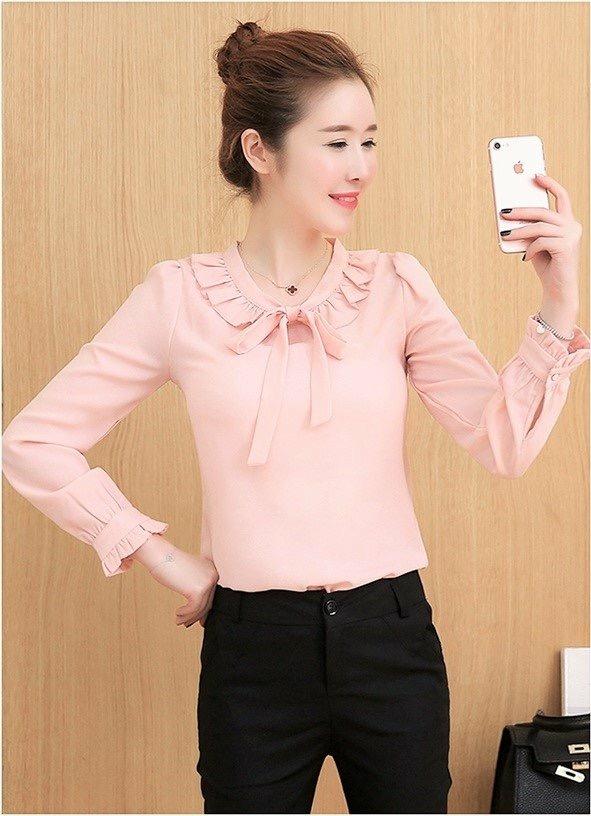 Áo công sở tay dai cổ xếp bèo cột nơ hồng dâu