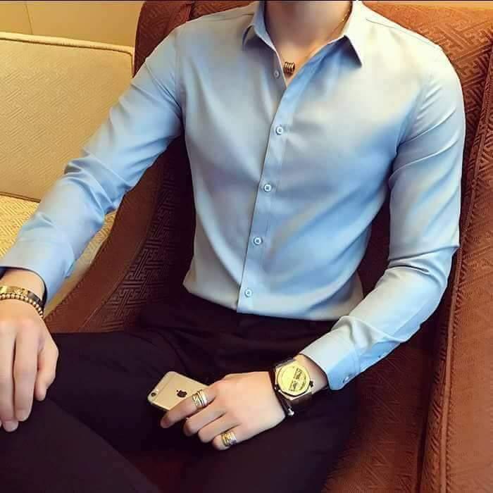 Sơ Mi Nam Xanh Nhạt Lụa Thái không nhăn, Sơ mi nam trơn giá rẻ, so mi nam gia re