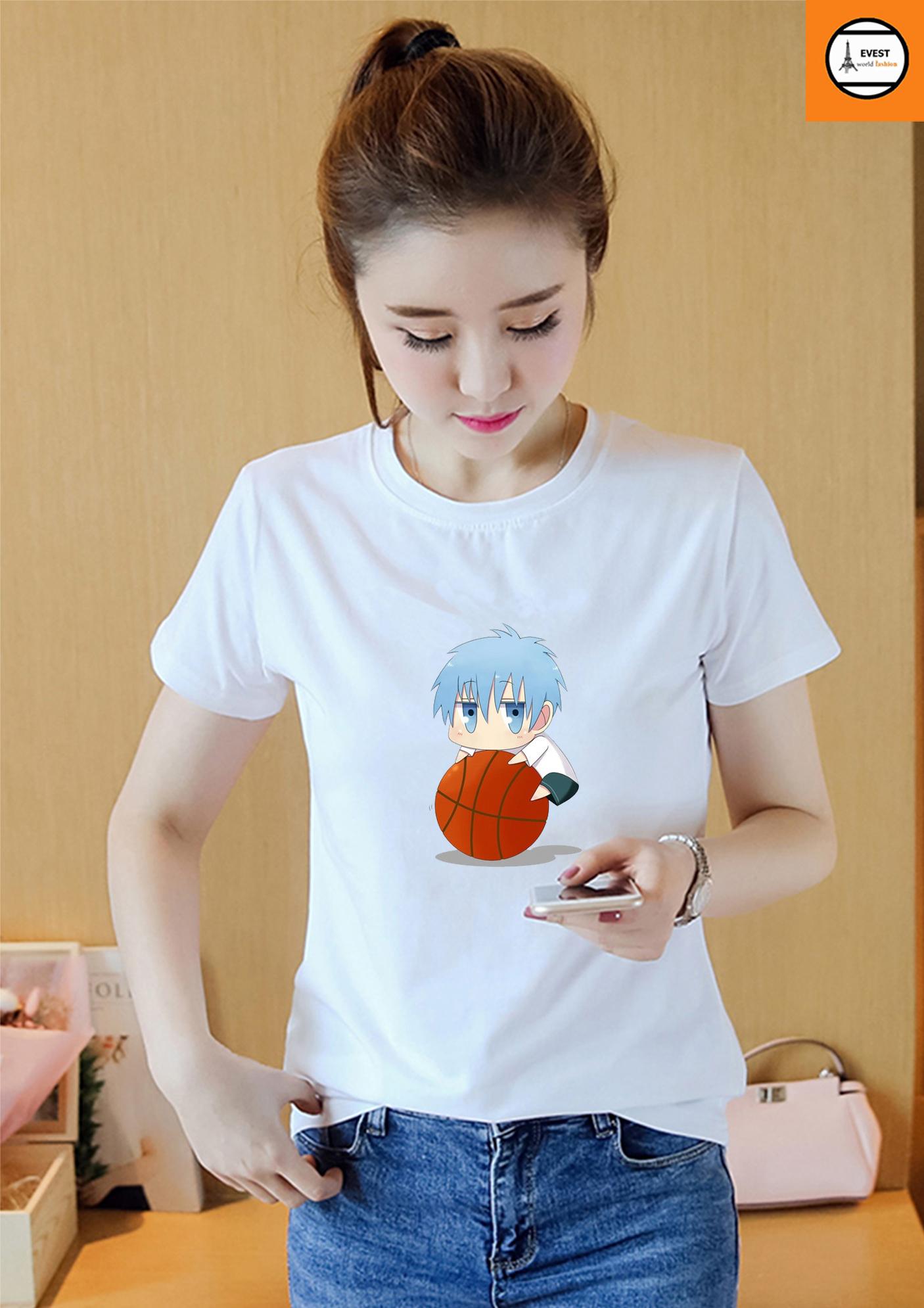 Áo thun nữ cổ tròn in hình chibi bóng rổ form rộng vải dày mịn AoK1701