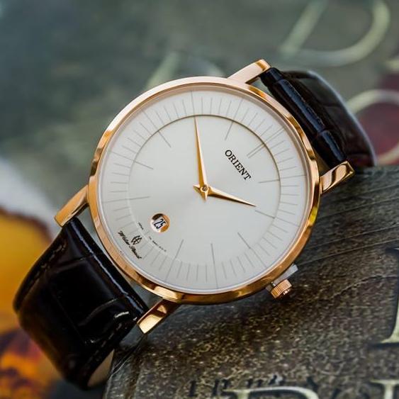 Orient quartz slimline rose gold leather - fgw0100cw0