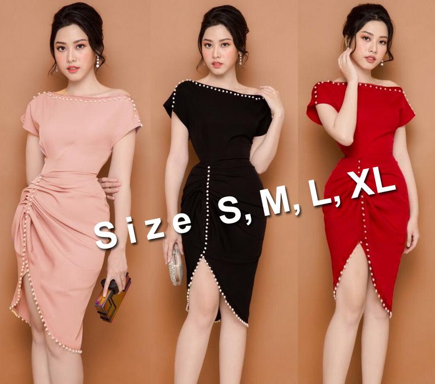 Đầm ôm body trễ vai cổ rộng lai xéo đính hạt đầy sang trọng - AV6153
