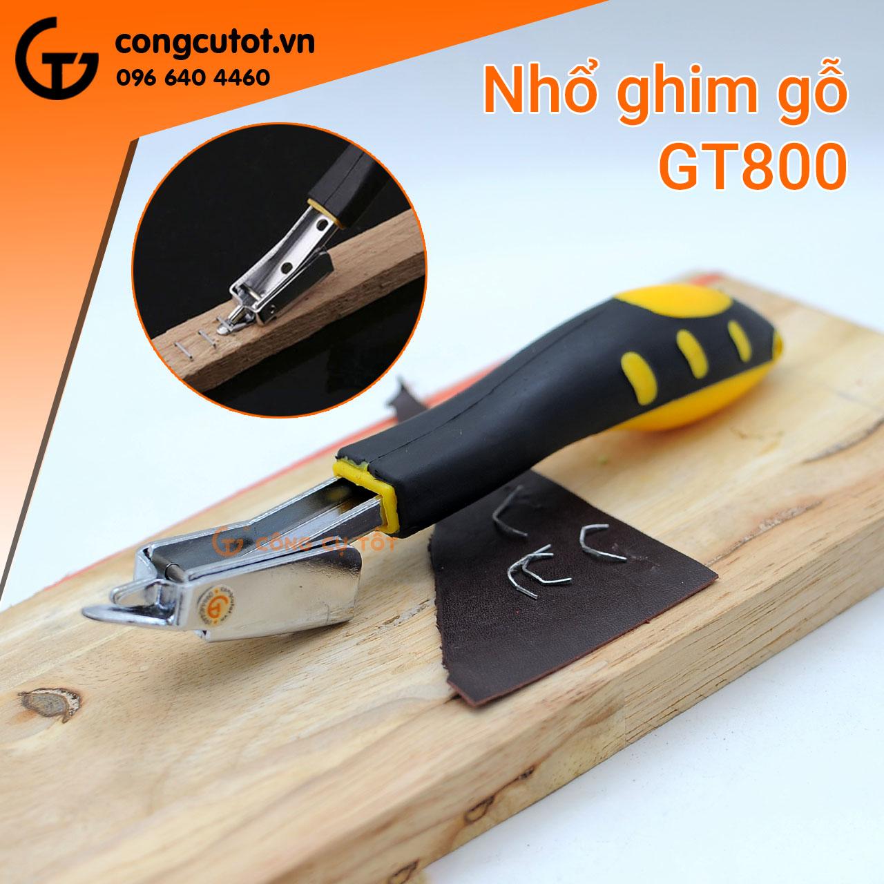 Dụng cụ nhổ ghim gỗ GT800, Mũi nạy hình nêm mỏng cứng dễ nạy ghim lúc đầu, Tay cầm nhựa bọc cao su dễ cầm, Nhổ ghim trên mọi loại gỗ, gỗ ép, gỗ tự nhiên một cách đơn giản