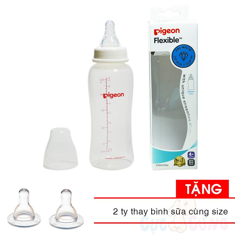 Bình sữa Pigeon Streamline 250ml (phiên bản mới) nhựa PP Tặng 2 ty cùng size