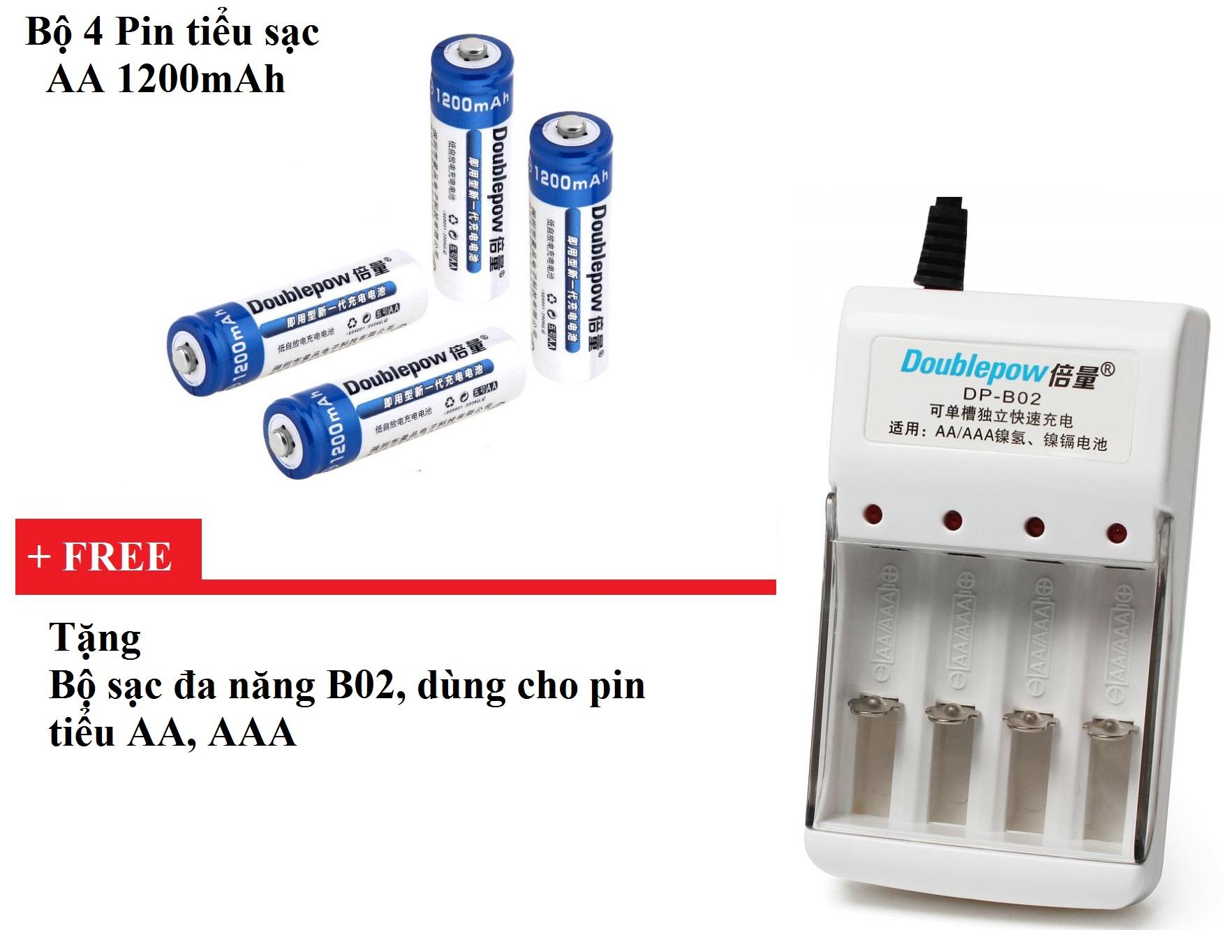 Combo Bộ 4 Pin tiểu sạc AA 1200mAh Tặng Bộ sạc 4 khe B02 Double Pow