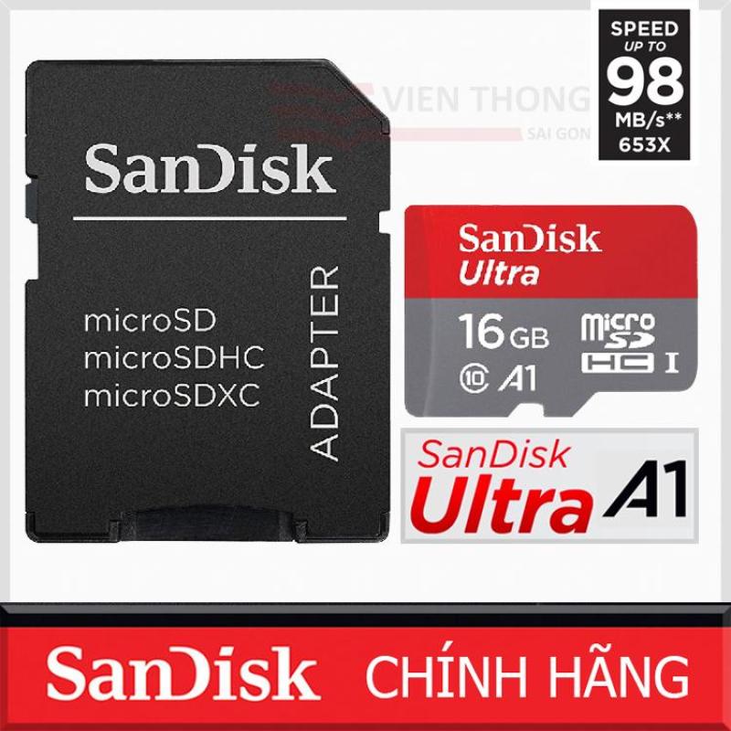 Thẻ nhớ 16GB Up to 98mb/s Sandisk MicroSDHC Ultra A1 + Adapter - Hãng Phân Phối chính thức