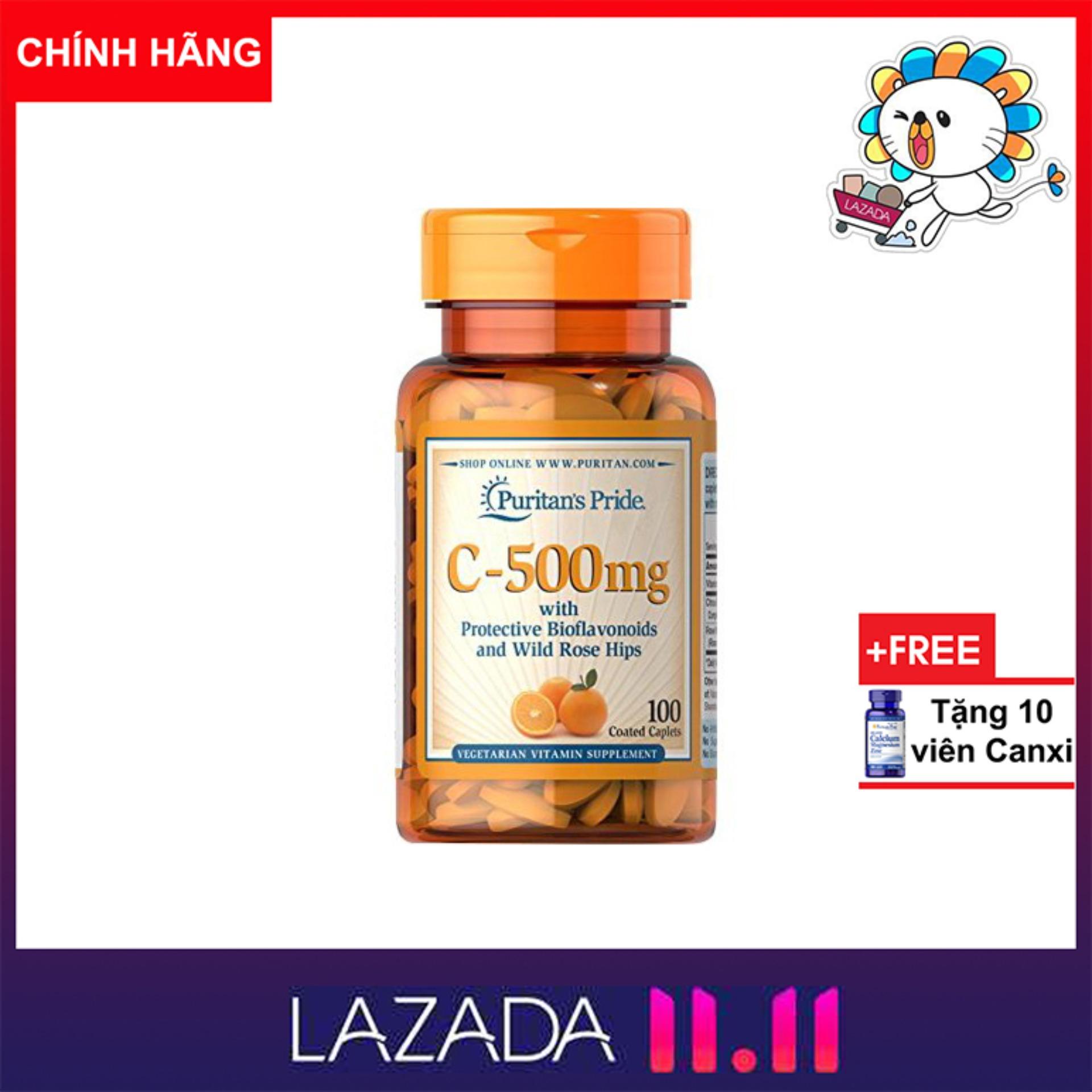 Viên uống bổ sung vitamin C tăng miễn dịch, chống lão hóa, mệt mỏi, giúp da nhanh liền sẹo thâm Vitamin C Mỹ Puritans Pride C 500mg 100 viên HSD tháng 7/2019