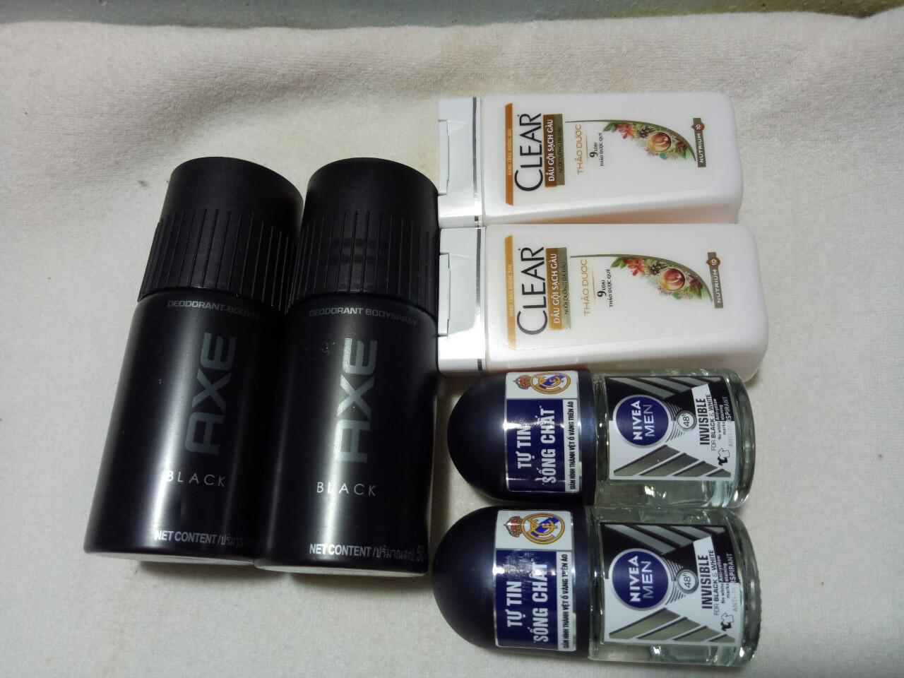 Trọn bộ 6 món :2chai xịt khử mùi Axe + 2chai lăn khử mùi Nivea nam + tặng 2chai dầu gội Clear & kèm theo 1 túi đựng xinh xắn