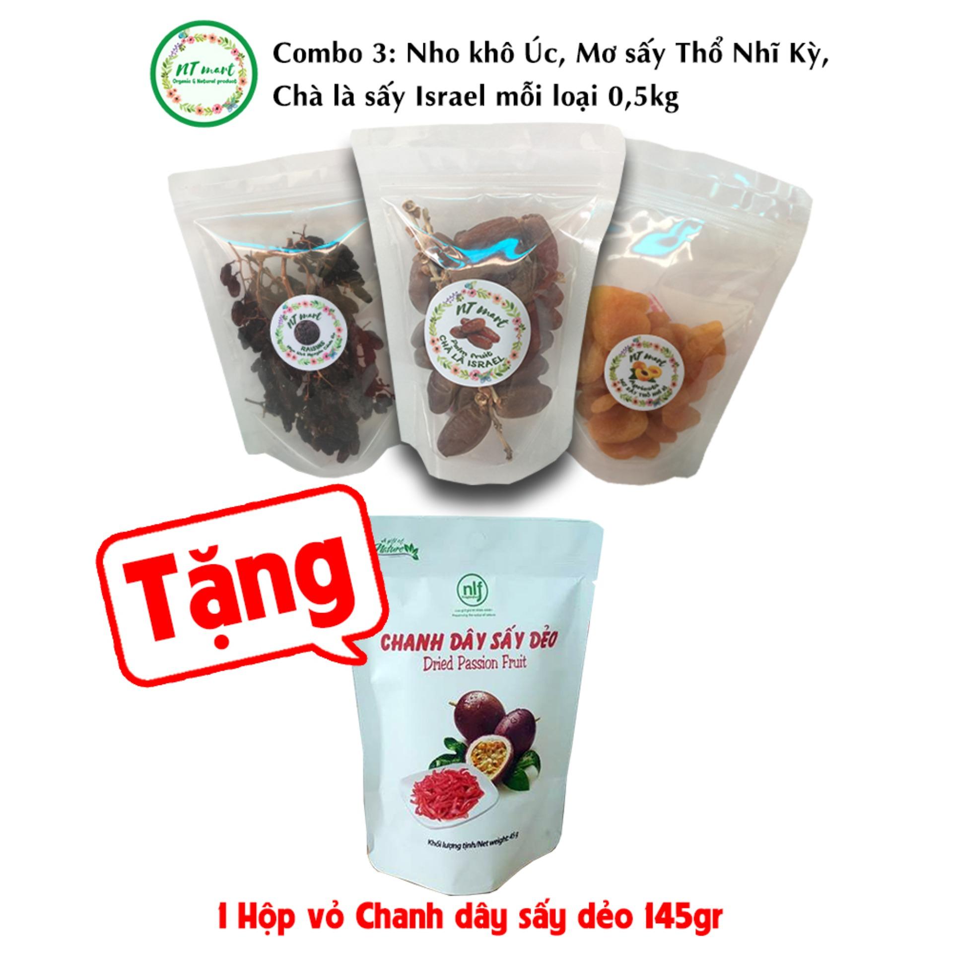 Combo 3: nho khô nguyên cành úc, mơ sấy thổ nhĩ kỳ, chà là sấy nguyên cành israel mỗi loại 0,5kg tặng 1 hộp vỏ chanh dây sấy dẻo 145gr