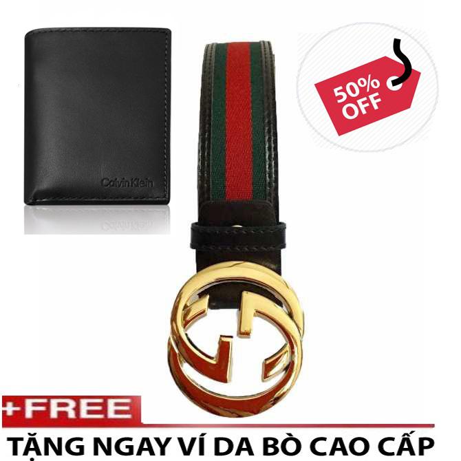 Dây thắt lưng,dây nịt mặt chữ g mạ vàng dây phối sọc xanh đỏ - tặng ví da cao cấp