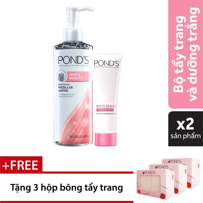 Combo Nước tẩy trang làm sáng da Ponds White Beauty 235ml & Kem dưỡng toàn diện 25g + Tặng 3 hộp bông tẩy trang