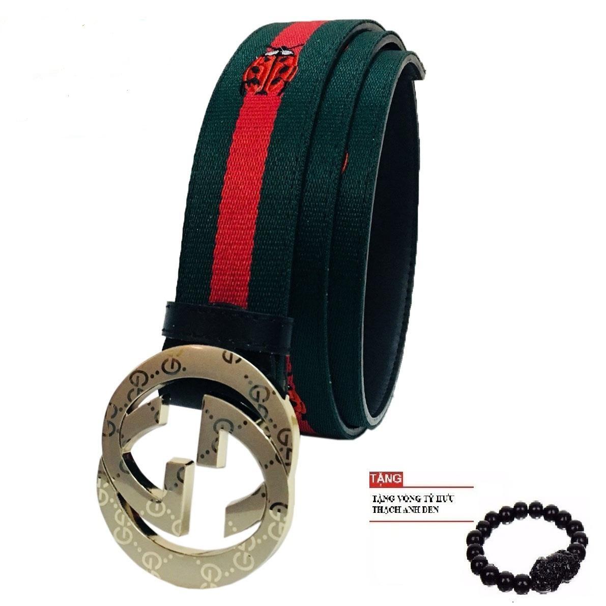 COMBO (Dây lưng - Vòng tỳ hưu tài lộc) Thắt lưng nam nữ,Dây nịt da 2 chữ G kết hợp sọc vải nato cực độc đáo - tặng vòng tỳ hưu phong thủy đen