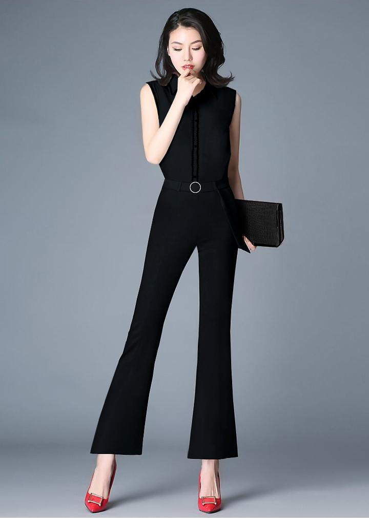 Jumpsuit - Đồ bay dài ống loe cổ bẻ phối nút viền đen cực đẹp