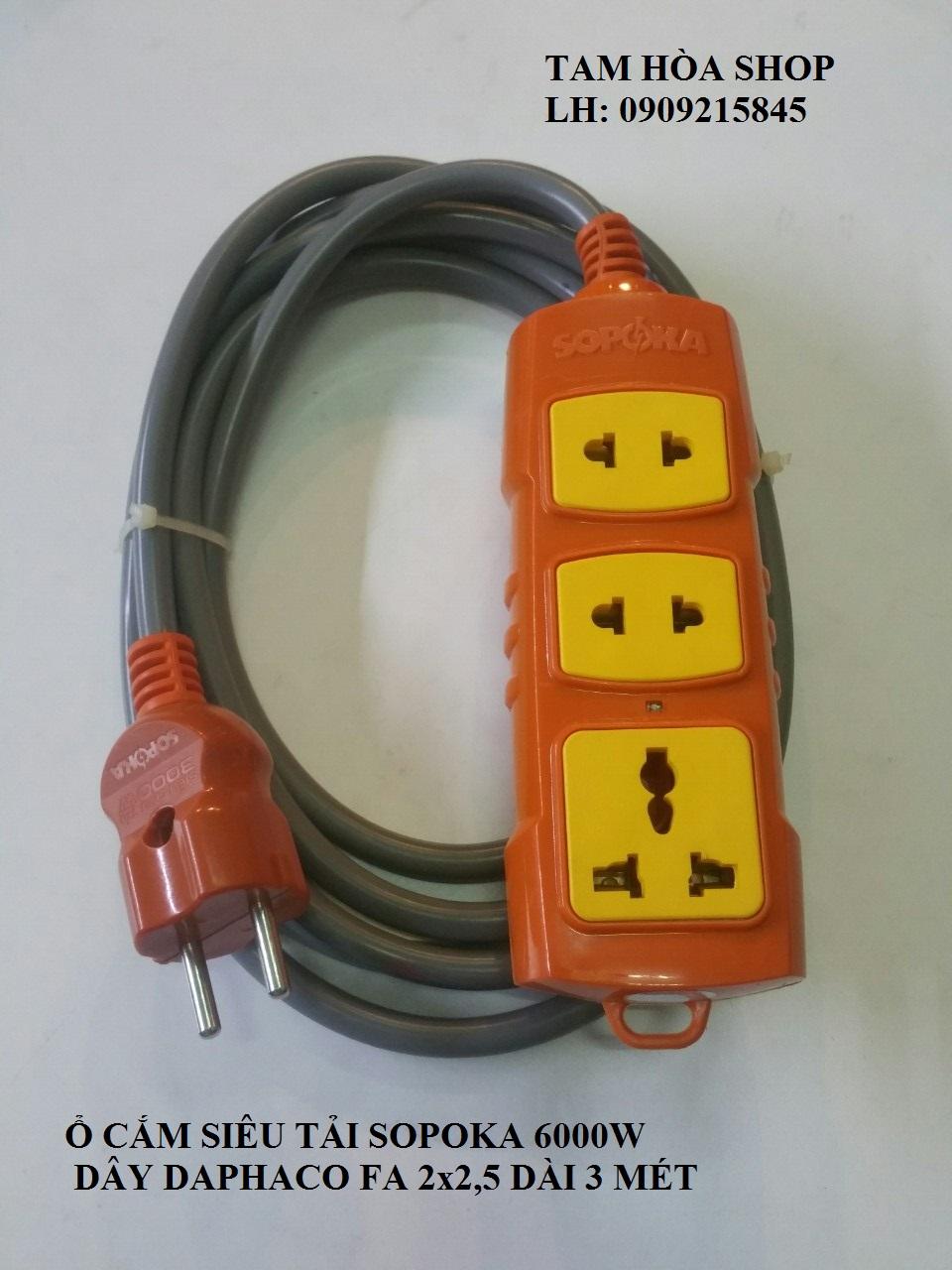 Bộ ổ cắm siêu tải 3 cửa có dây SOPOKA  6000W- Dây Daphaco 2x2,5 dài 3 mét