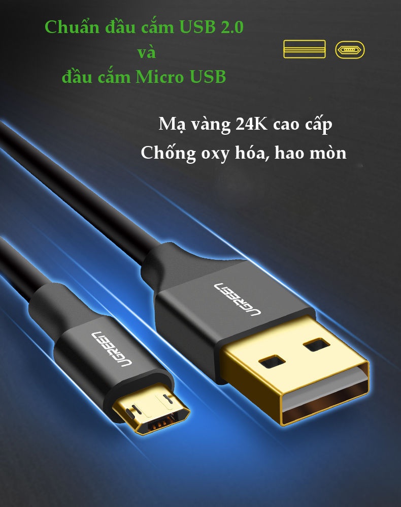 Cáp sạc Micro USB (công nghệ mới, cắm được cả 2 chiều) sang USB 2.0 dài 0.5-1m UGREEN US223 Cáp sạc Micro USB (công nghệ mới, cắm được cả 2 chiều) sang USB 2.0 dài 0.5-1m UGREEN US223