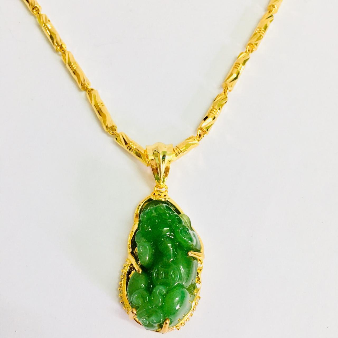 Vòng cổ ống trúc N ,Dây chuyền mạ vàng 24k - Tặng kèm mặt tỳ hưu mạ vàng ( Đá tự nhiên xanh )