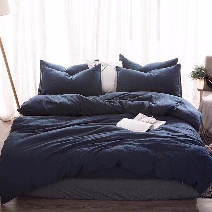 Bộ chăn ga gối cotton đũi nhập trơn màu xanh than.
