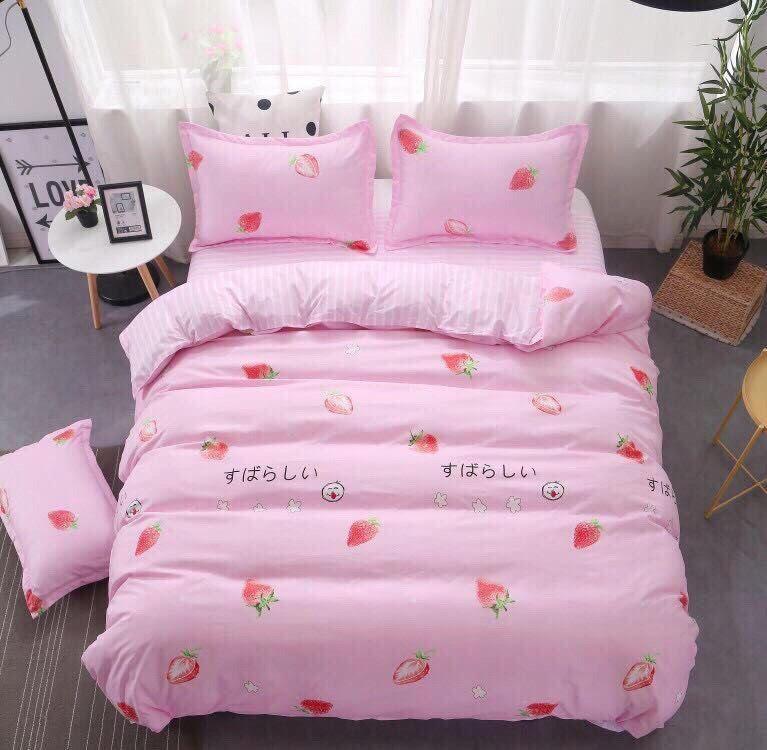 Bộ chăn ga gối phong cách Hàn Quốc dâu tây bo chun đủ kích thước.