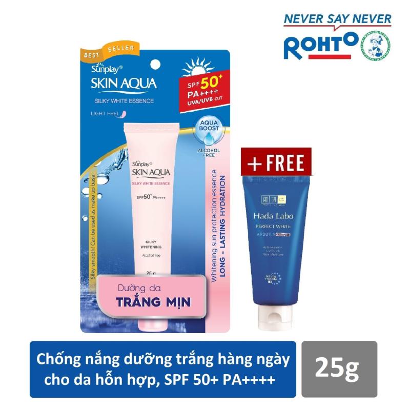 Tinh chất chống nắng dưỡng trắng Sunplay Skin Aqua Silky White Essence SPF 50+ PA+++ 25g + Tặng Kem rửa mặt Hada Labo 25g nhập khẩu