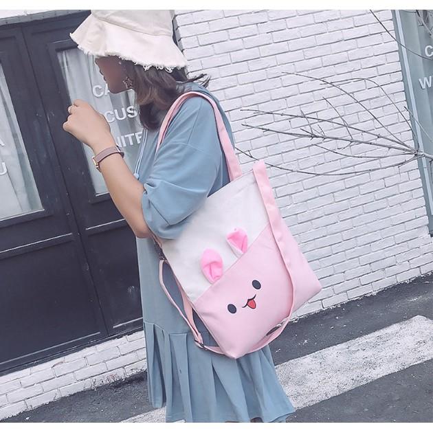Túi tote đeo vai đéo chéo tai thỏ cute vải kaki