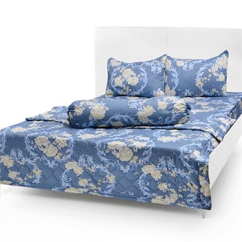 Bộ Drap Cotton Thắng Lợi 5 món , áo gối chần gòn, mẫu xanh cổ điển 1m6/1m8