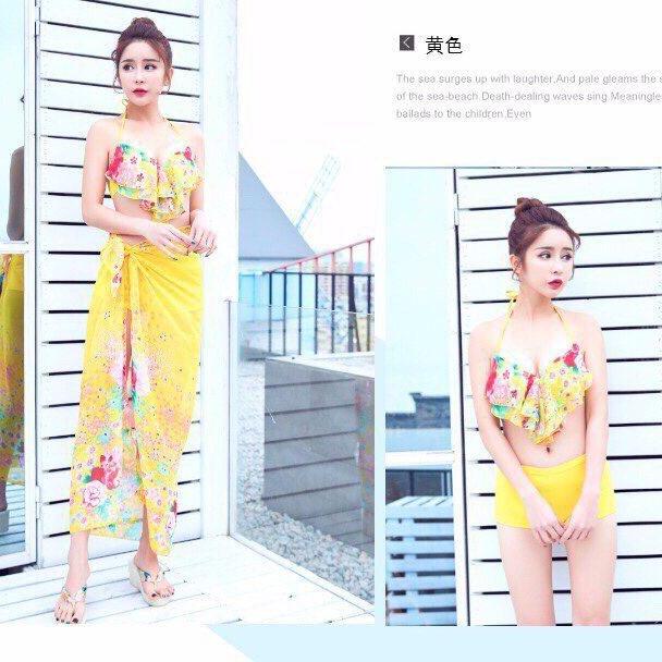 Set bikini hoa nữ tính kèm khăn by4299a vàng