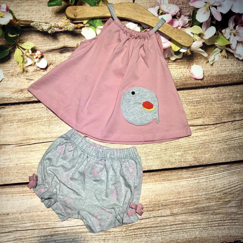 Nơi bán Bộ áo yếm thun bé gái thêu đắp chim size đại - BG308